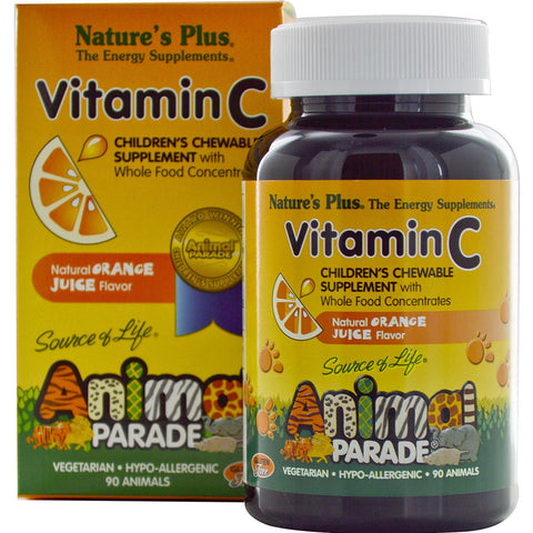 Vitamin C, Children's Chewable Supplement, Natural Orange Juice Flavor (90 Animals) - Nature's Plus - Topvitamine
