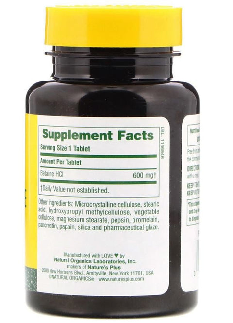 Betaine Hydrochloride - 600 mg (90 Tablets) - Nature's Plus - Topvitamine