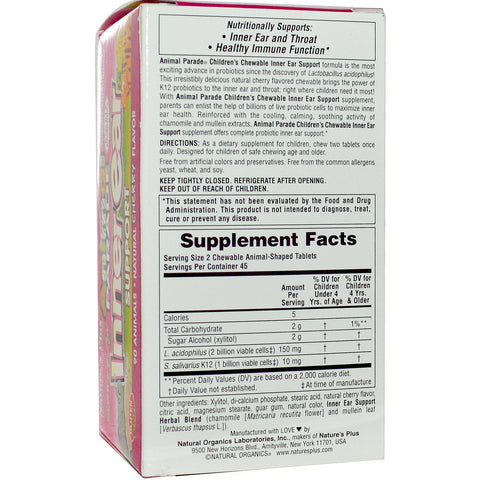 Children's Chewable Inner Ear Support, Natural Cherry Flavor (90 Animals) - Nature's Plus - Topvitamine