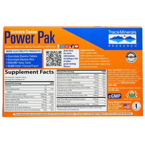Electrolyte Stamina, Power Pak, Orange Blast (30 Packets, 4.8 g Each) - Trace Minerals Research - Topvitamine
