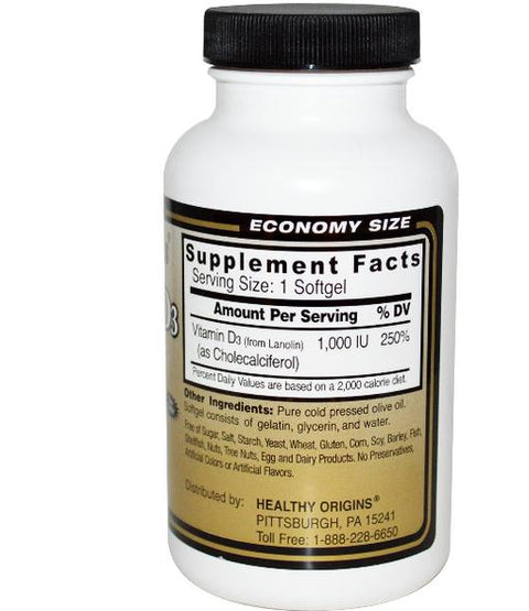 Healthy Origins, Vitamin D3 1000 IU, 360 Softgels - Topvitamine