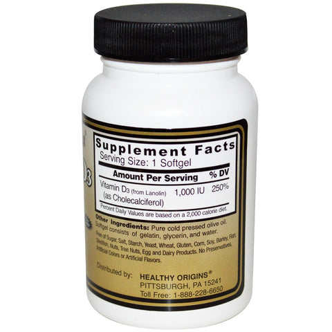 Healthy Origins, Vitamin D3, 1000 IU, 90 Softgels - Topvitamine