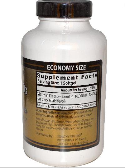 Healthy Origins, Vitamin D3, 10,000 IU, 360 Softgels - Topvitamine