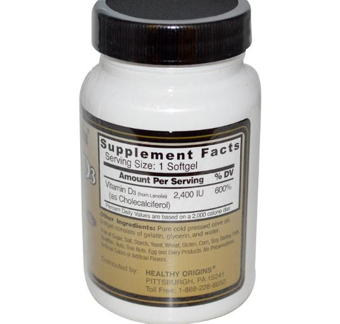Healthy Origins, Vitamin D3, 2,400 IU, 120 Softgels - Topvitamine