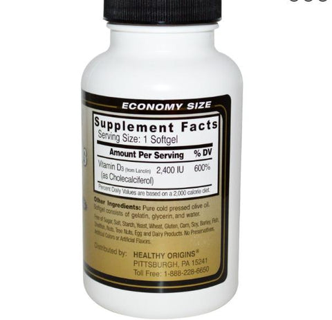 Healthy Origins, Vitamin D3, 2,400 IU, 360 Softgels - Topvitamine