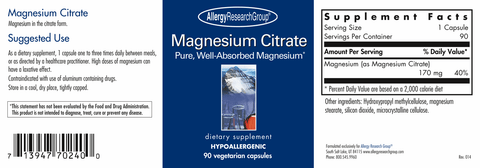 Magnesium Citrate (90 capsules) - Allergy Research Group - Topvitamine