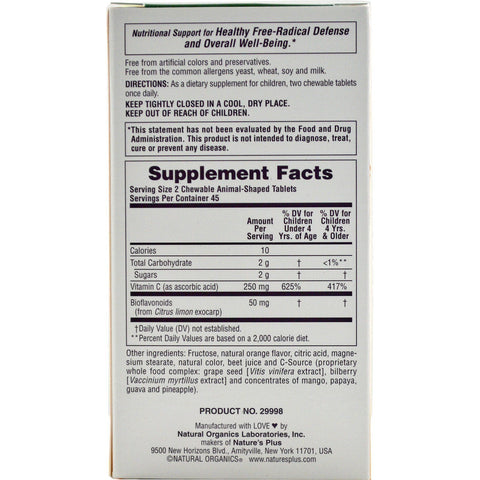Vitamin C, Children's Chewable Supplement, Natural Orange Juice Flavor (90 Animals) - Nature's Plus - Topvitamine