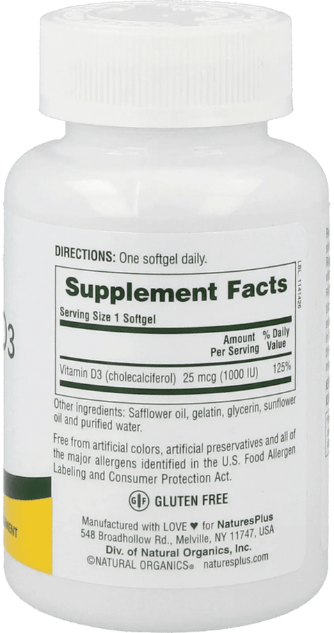 Vitamin D3, 1000 IU (180 Softgels) - Nature's Plus - Topvitamine