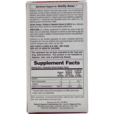 Vitamin D3, Natural Black Cherry Flavor, 500 IU (90 Animals) - Nature's Plus - Topvitamine